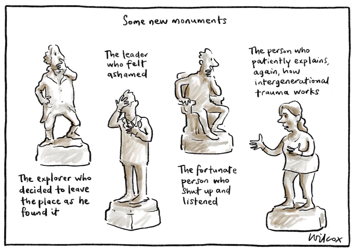 Four 'new monuments' with corresponding text are displayed. Each monument is an ironic comment on a stereotype, for example, 'The leader who felt ashamed'.