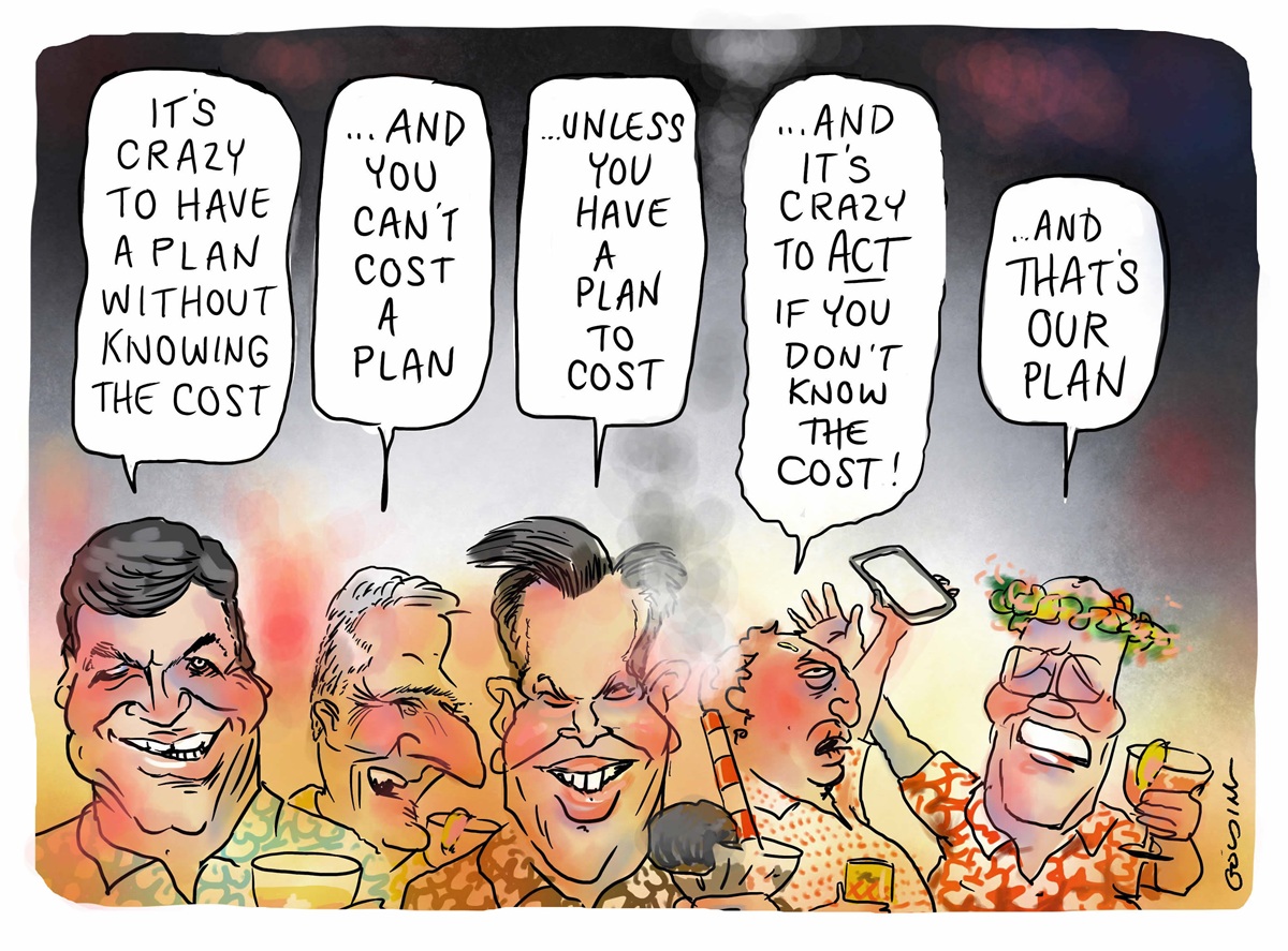 Angus Taylor, Michael McCormack, Matt Canavan, Barnaby Joyce and Scott Morrison sidestep questions about having a plan and the cost.