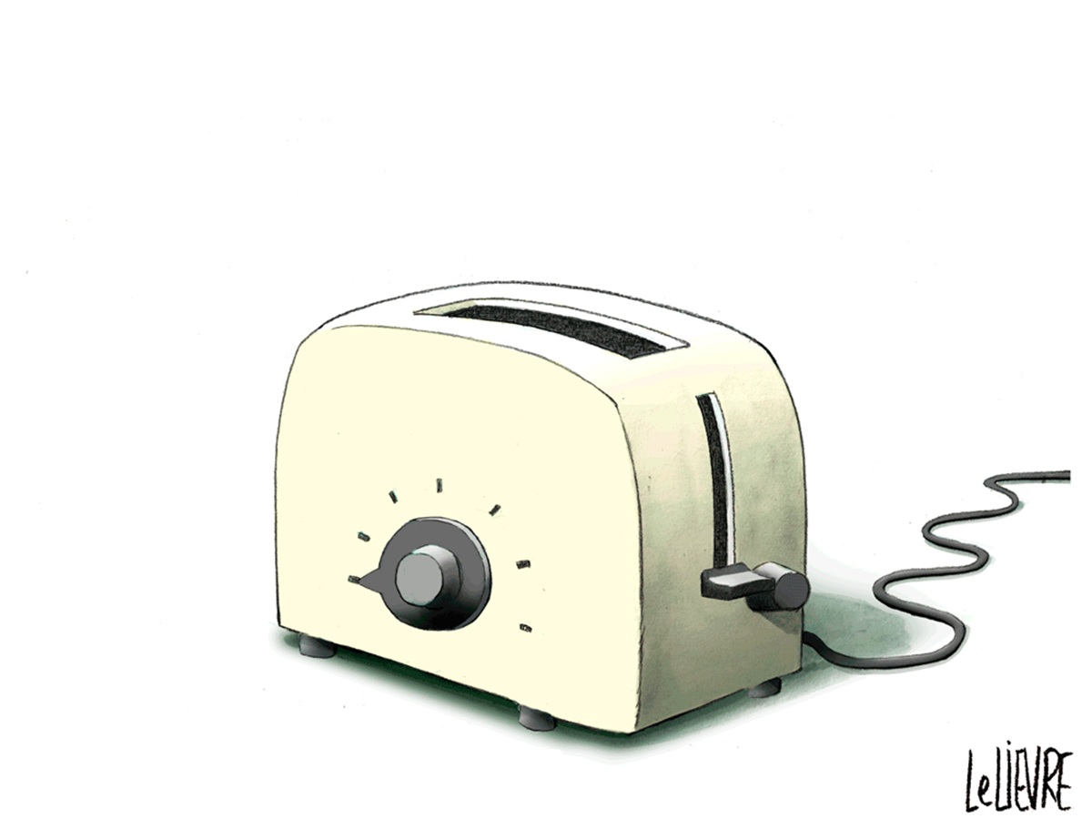 A toaster with the dial all the way to the left.