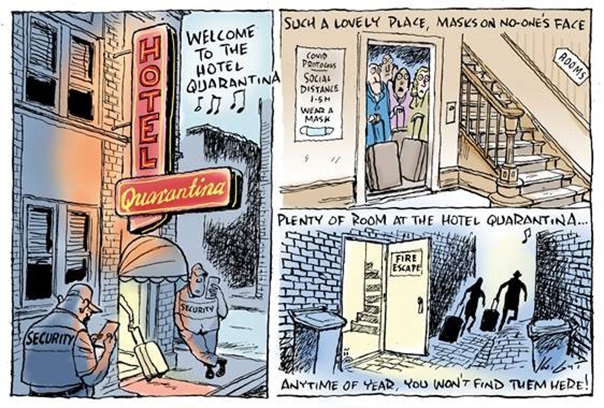 Three panels parody the lyrics to 'Hotel California. The panels show lax security guards looking at their phones, no social-distancing, and people escaping via the fire escape.