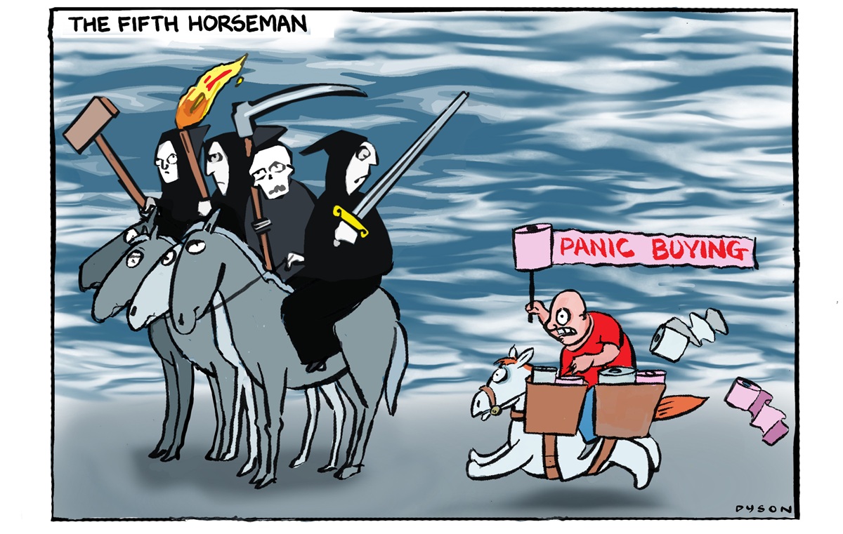 Four Horsemen of the Apocalypse. A man on a small pony chases them holding a toilet roll banner labelled, 'Panic buying'. Text at the top: 'The Fifth Horseman'.