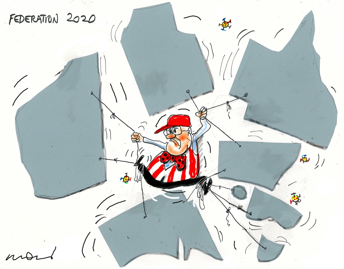 A miserable-looking Scott Morrison wearing a vintage red and white referee's outfit holds lengths of string attached to each state. Text at the top: 'Federation 2020'.