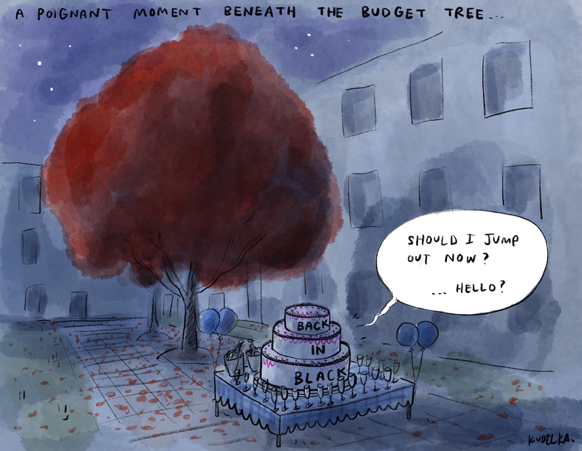 A tiered cake with 'Back in black' written on it sits on a table with balloons next to a red tree in the Parliament House courtyard. Cake says, 'Should I jump out now? Hello?' Text at the top: 'A poignant moment beneath the budget tree'. 