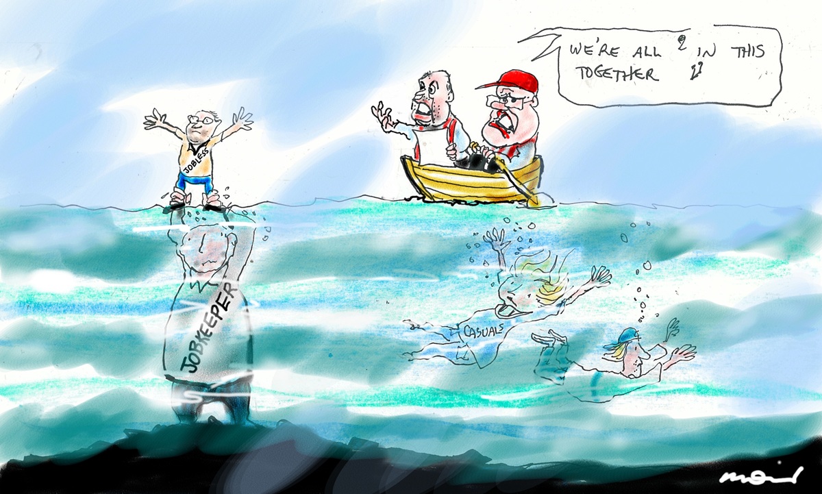 Josh Frydenberg and Scott Morrison on a boat sing, 'We're all in this together'. A 'JobKeeper' man stands underwater holding a 'Jobless' man above the water. A young person and a casual worker drown nearby.