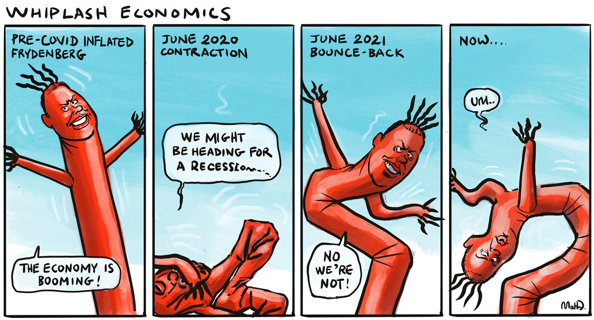 Four panels where Josh Frydenberg is a red inflatable figure. His level of air changes to reflect the economy at the time. 