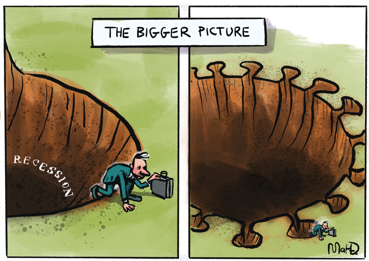 Two panels. One panel is a small extract of the second. The first panel a man crawls out of a hole called 'Recession'. The hole is larger in the second panel, the man crawls out of a small hole on the edge.