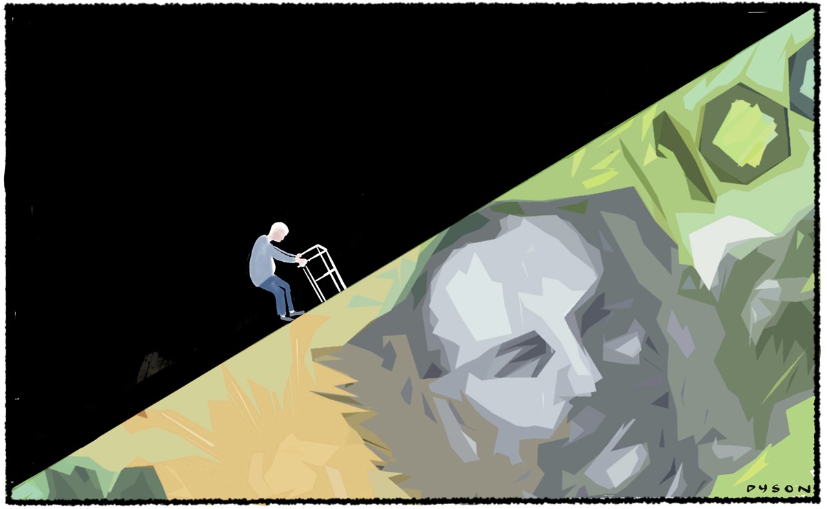 A man uses a walking frame to climb up a hill that is a $100 note. 