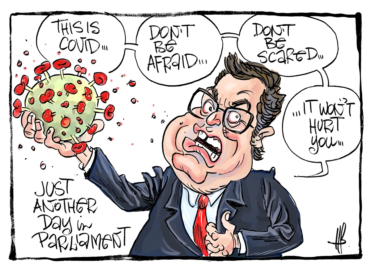 George Christensen holds the COVID virus. He says, 'This is COVID... don't be afraid... don't be scared... it won't hurt you'. Text reads: 'Just another day in parliament'.