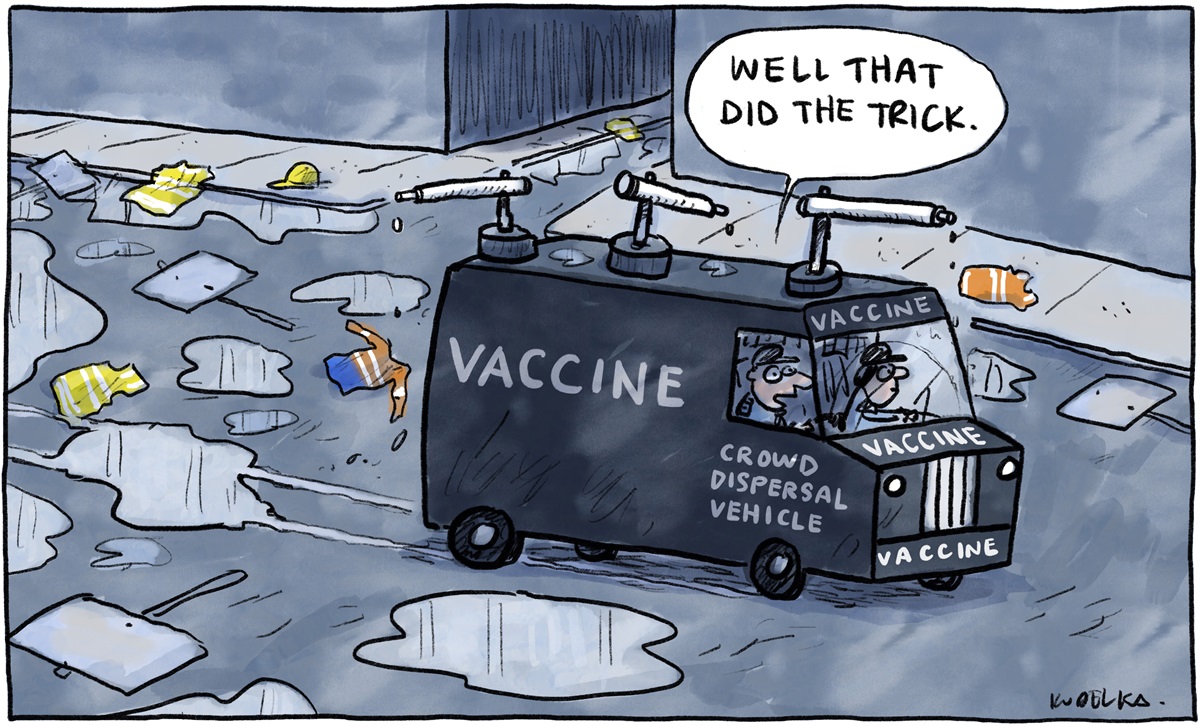 A crowd dispersal van labelled 'Vaccine' drives through a puddle-filled street littered with hi-vis construction clothing. Men in the van say, 'Well that did the trick'.