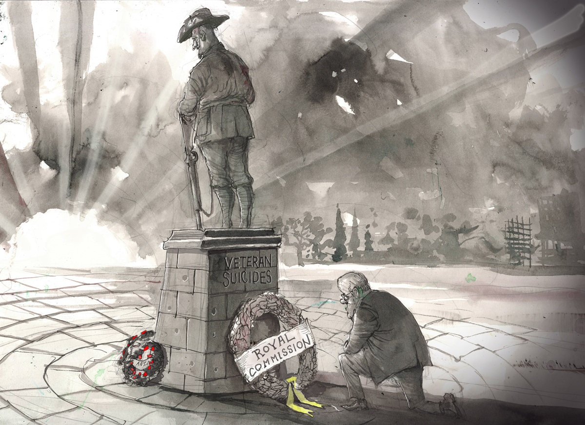 A statue labelled 'Veteran Suicides' faces the sunrise. Scott Morrison kneels before it with a wreath labelled 'Royal Commission'. The cartoon is in a grey wash.