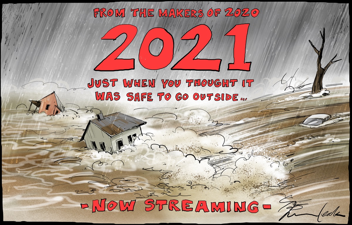 A movie poster. Houses and cars are swept away in a flood. Text reads: 'From the makers of 2020: 2021. Just when you thought it was safe to go outside... Now streaming'.