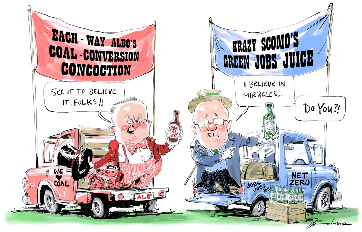 Anthony Albanese and Scott Morrison in old timey clothes stand on the back of utes, trying to sell bottles of their concoctions to combat climate change.