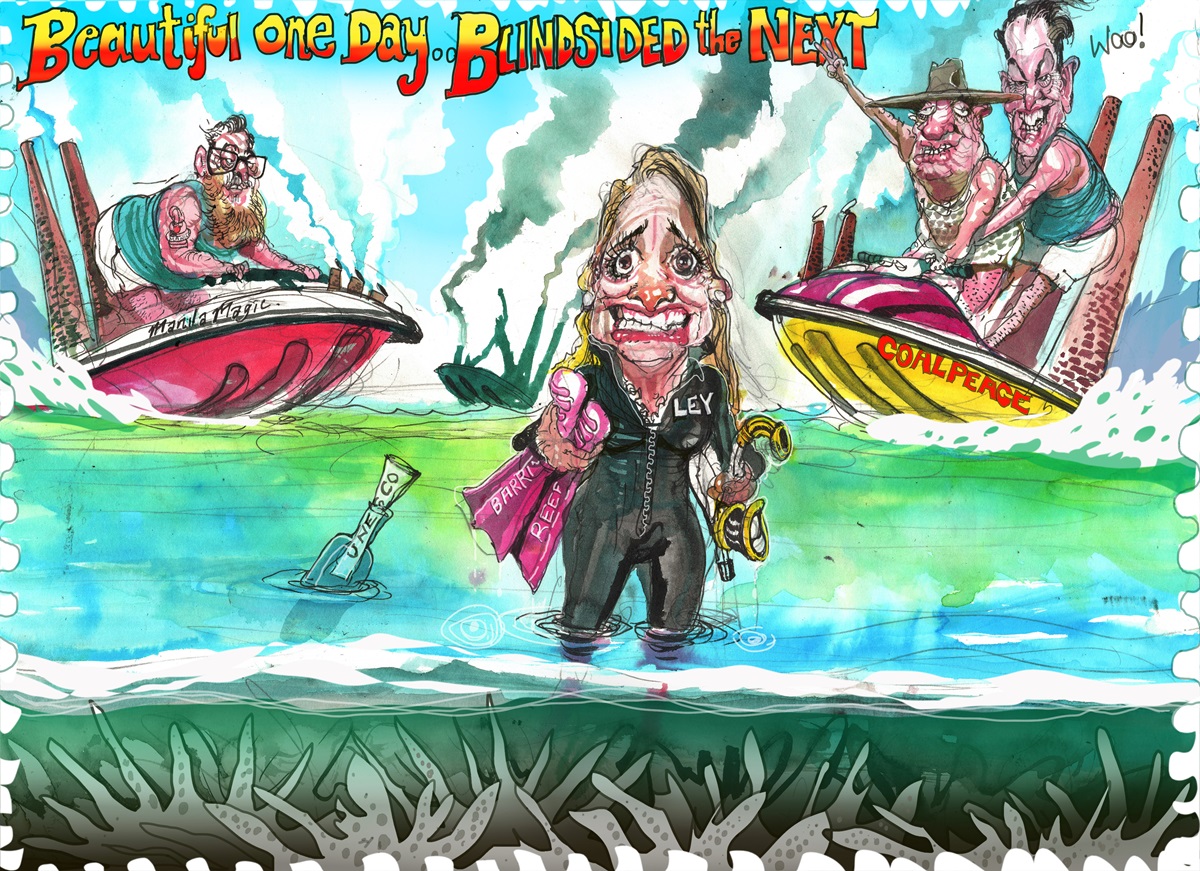 A distressed Sussan Ley stands knee-deep in water holding flippers branded 'Barrier Reef'. Behind her, Barnaby Joyce, Matt Canavan and George Christensen are on jet skis.