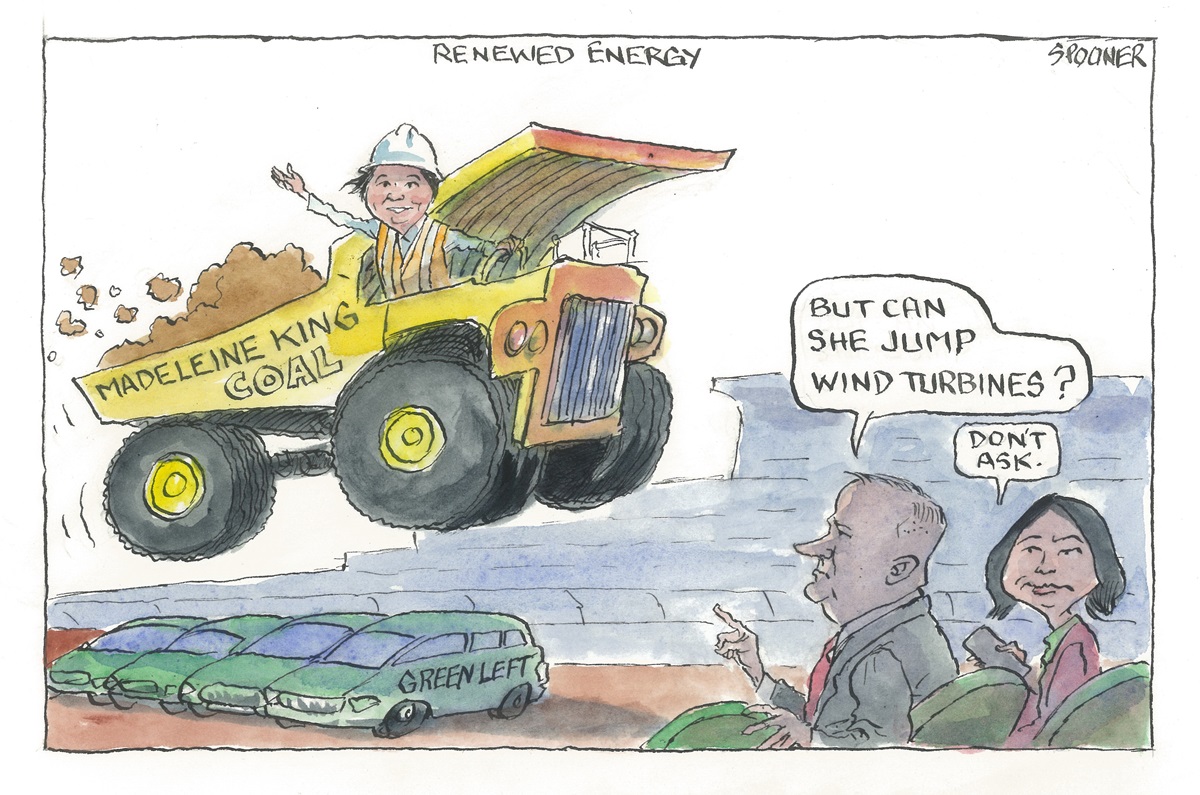 Madeleine King drives a large industrial vehicle with coal in the back. She jumps over 'Green left' cars. Anthony Albanese looks on asking, 'But can she jump wind turbines?'