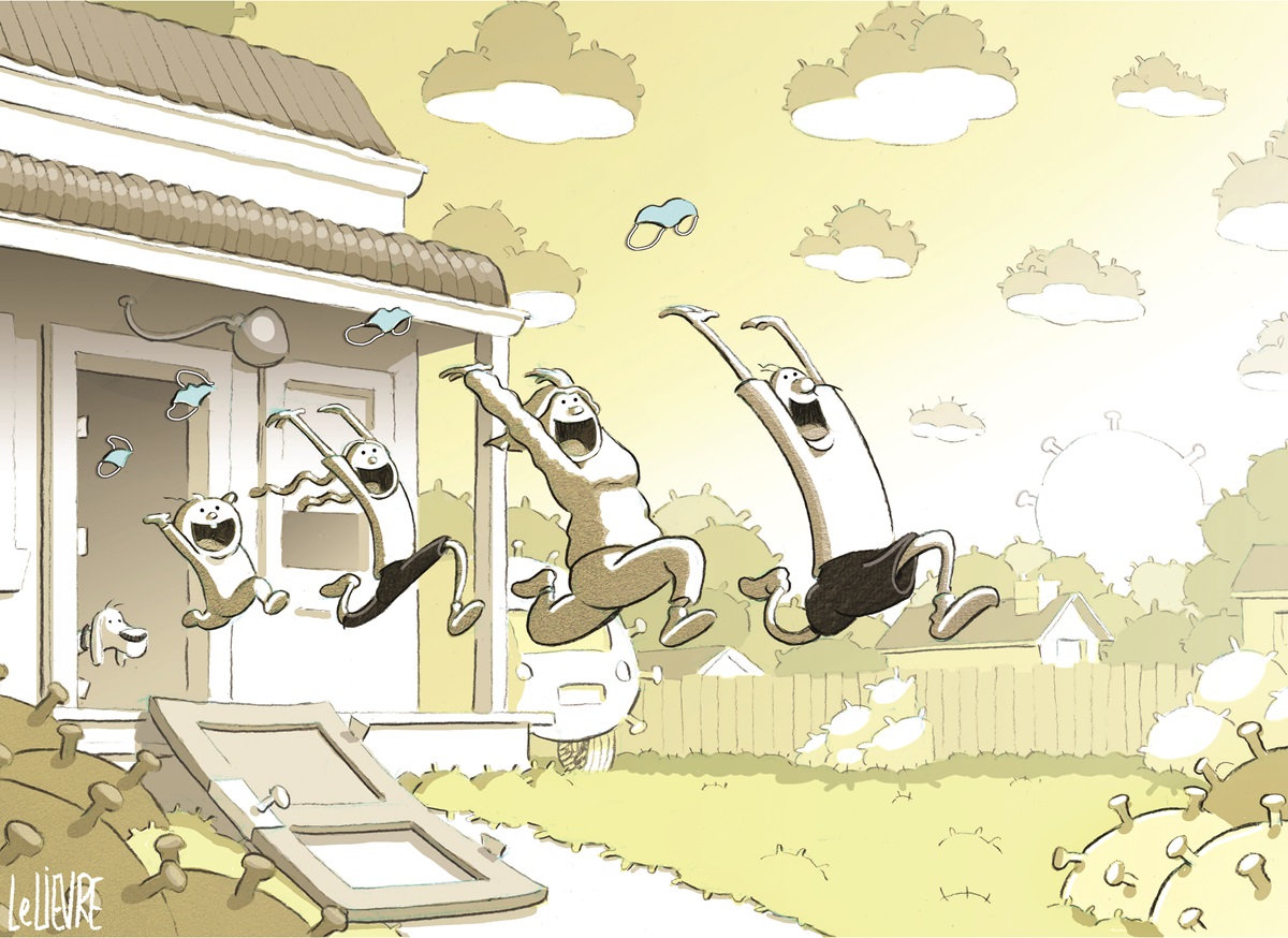 Four people throw their face masks in the air and leap out of a house into the front yard. COVID is depicted as things like bushes and clouds.