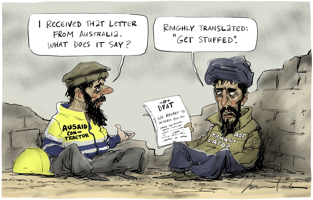 Two Afghani men sit in wreckage with a notice from DFAT. One asks what the letter says. The other replies, 'Roughly translated: "get stuffed"'.