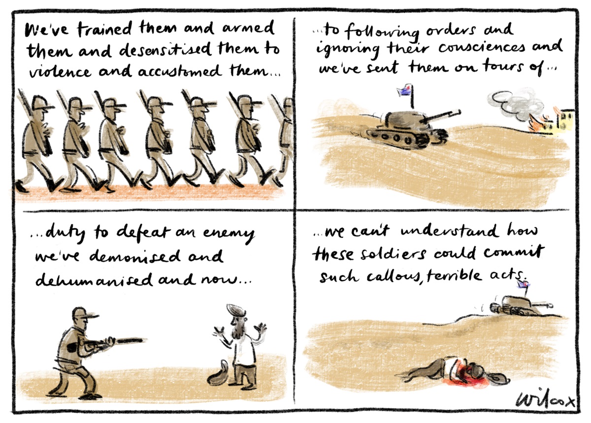 Four panels outlining Australian soldiers' training, which resulted in 'terrible acts' including murdering civilians in Afghanistan.