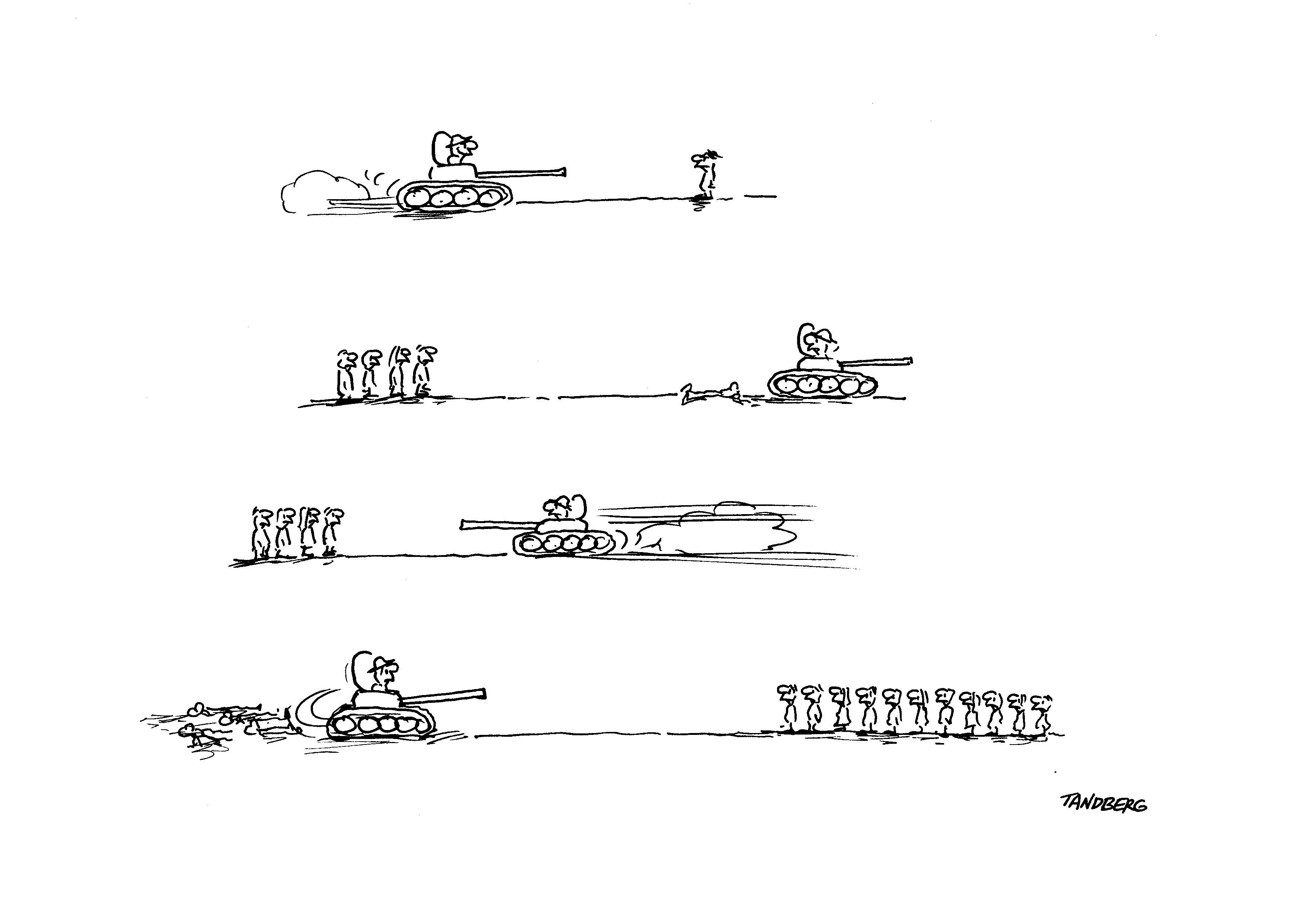 Four panels. A tank approaches a person. More people face the tank as the panels progress.