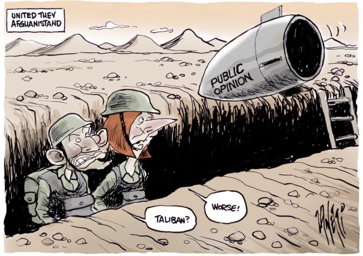 Julia Gillard and Tony Abbott are in a trench saying, 'Taliban?' and 'Worse!' A missile labelled 'Public Opinion' is about to crash next to them. Text at the top reads: 'United they Afghanistand'.