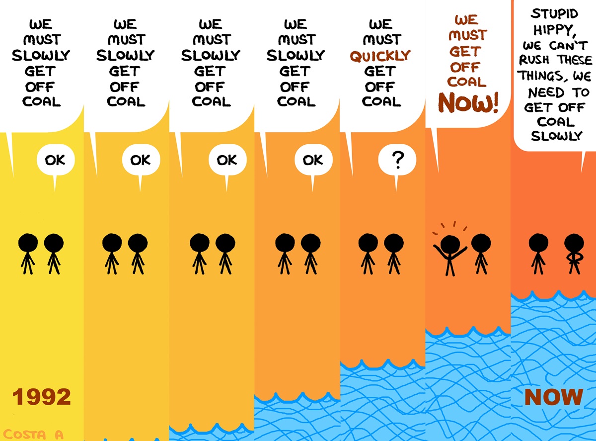 A timeline from 1992 to now, shows two stick figures discussing with more and more urgency the need to 'get off coal' as it gets hotter and the water levels rise over time.