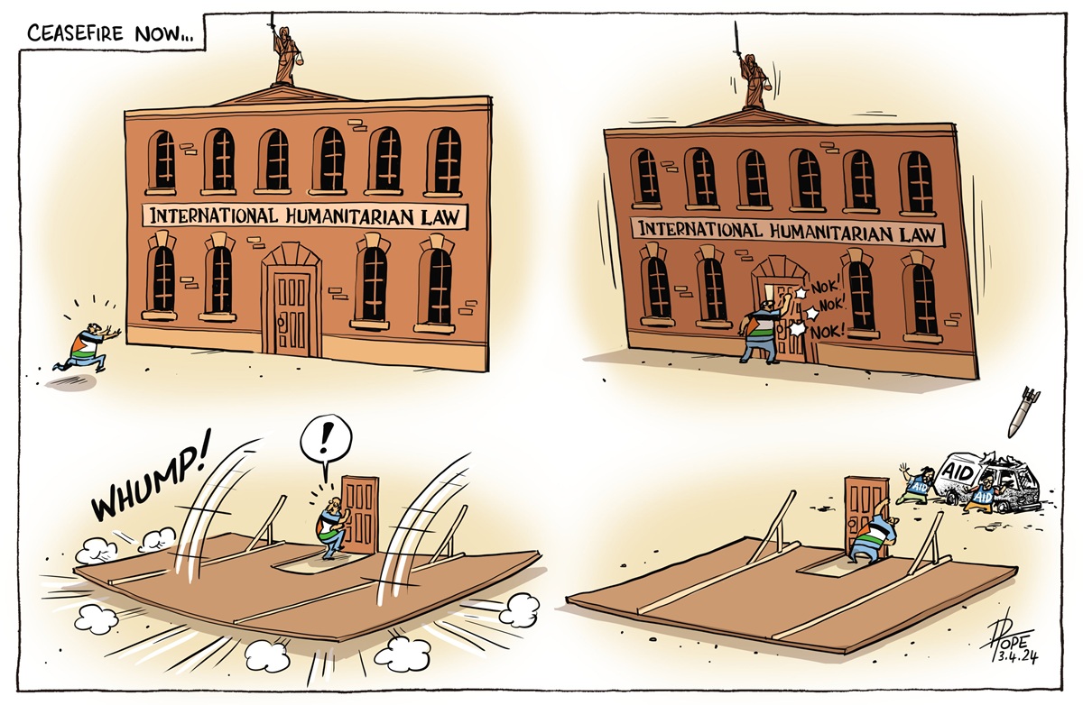 Text says, 'Ceasefire now…' In a four-panel comic, a man with a Palestinian flag on his shirt knocks on a building labelled 'International Humanitarian Law.' The building, just a façade, collapses to reveal harried aid workers. 