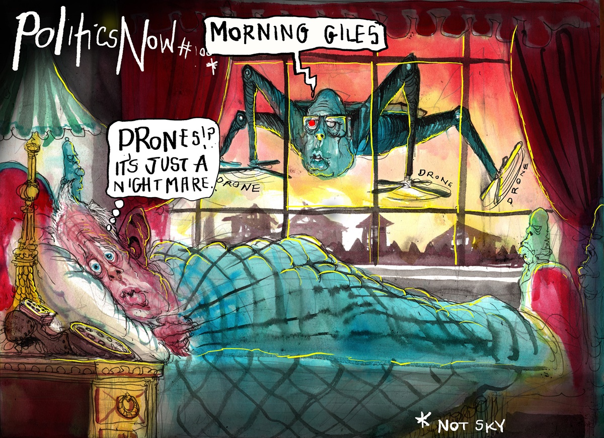 Worried Immigration Minister Andrew Giles lies in bed, thinking, 'Drones? It's just a nightmare.' Outside his window is a hulking drone with Peter Dutton's face, saying, 'Morning Giles.' 