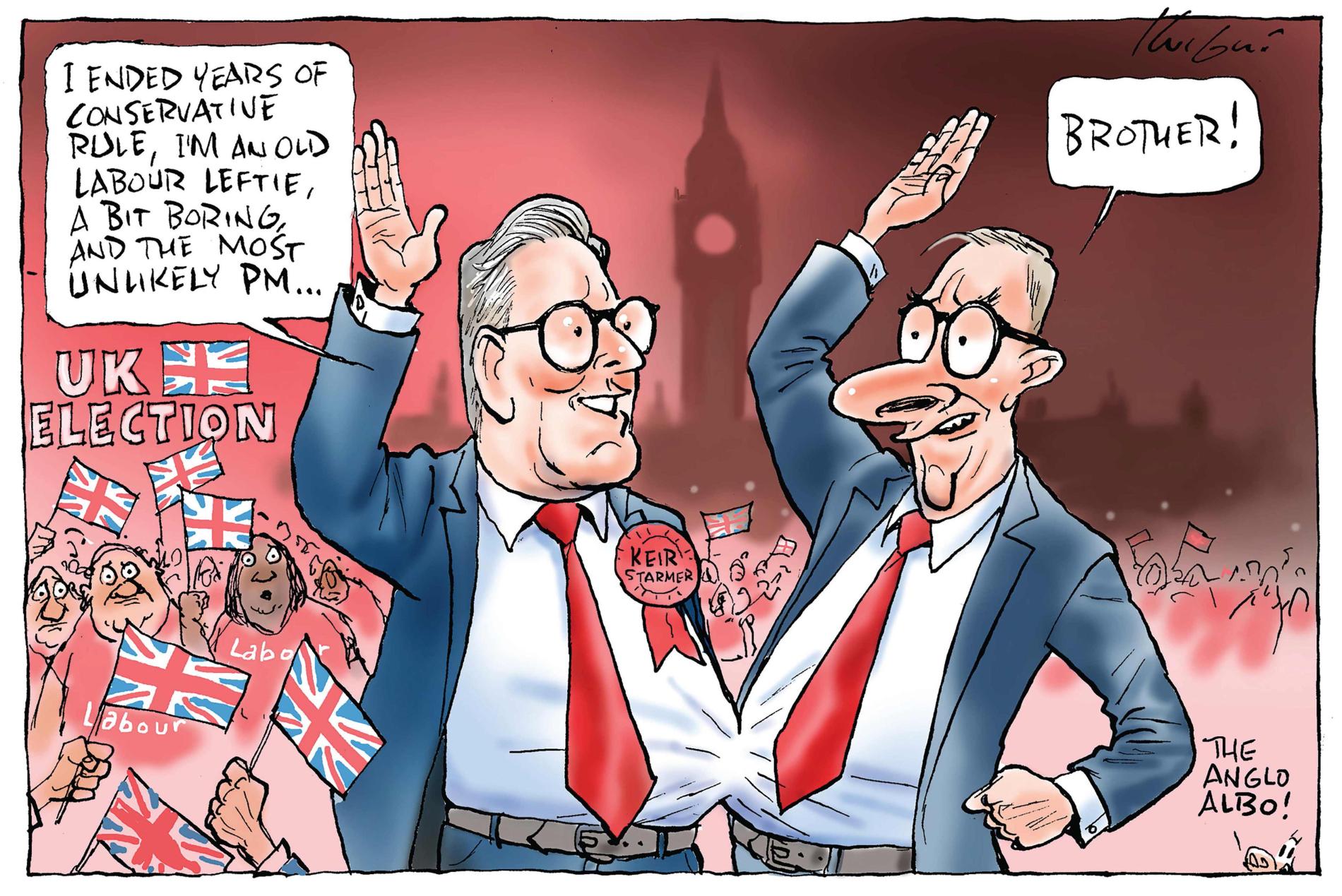 UK Prime Minister Keir Starmer says, 'I ended years of conservative rule, I'm an old Labour leftie, a bit boring, and the most unlikely PM.' Prime Minister Anthony Albanese says, 'Brother!' They high-five.  