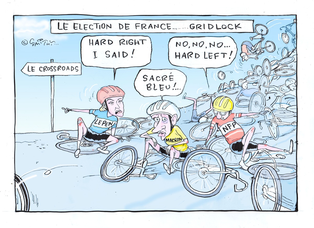 Text reads, 'Le Election de France… Gridlock.' French politicians Marine Le Pen, Emmanuel Macron and a cyclist labelled NFP are in a huge bicycle crash. They argue about whether to go left or right. 