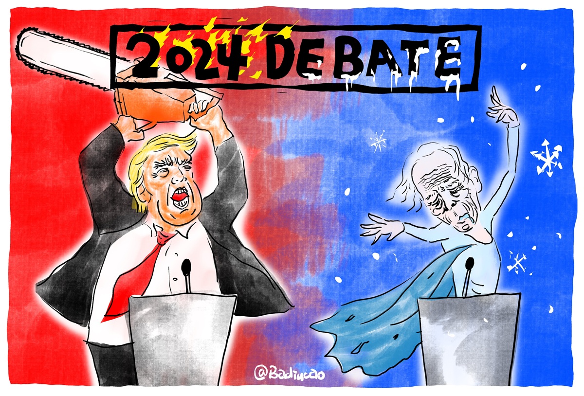 Text reads, '2024 Debate.' Trump holds a chainsaw high. Biden, dressed as Elsa from Frozen, is extremely wrinkled and drools slightly. 