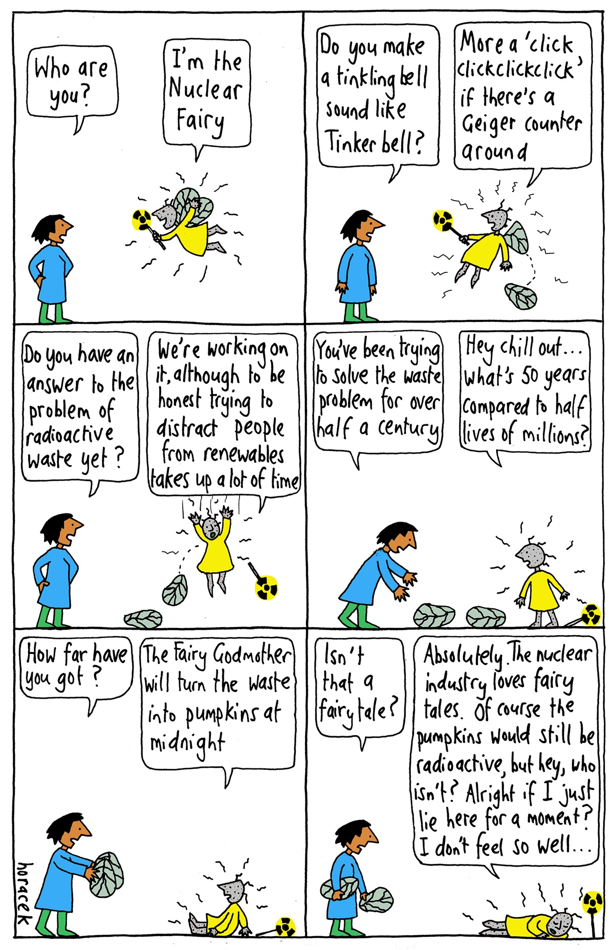 A six-panel comic featuring a person talking to the Nuclear fairy, implying that nuclear power is a fairy tale. 