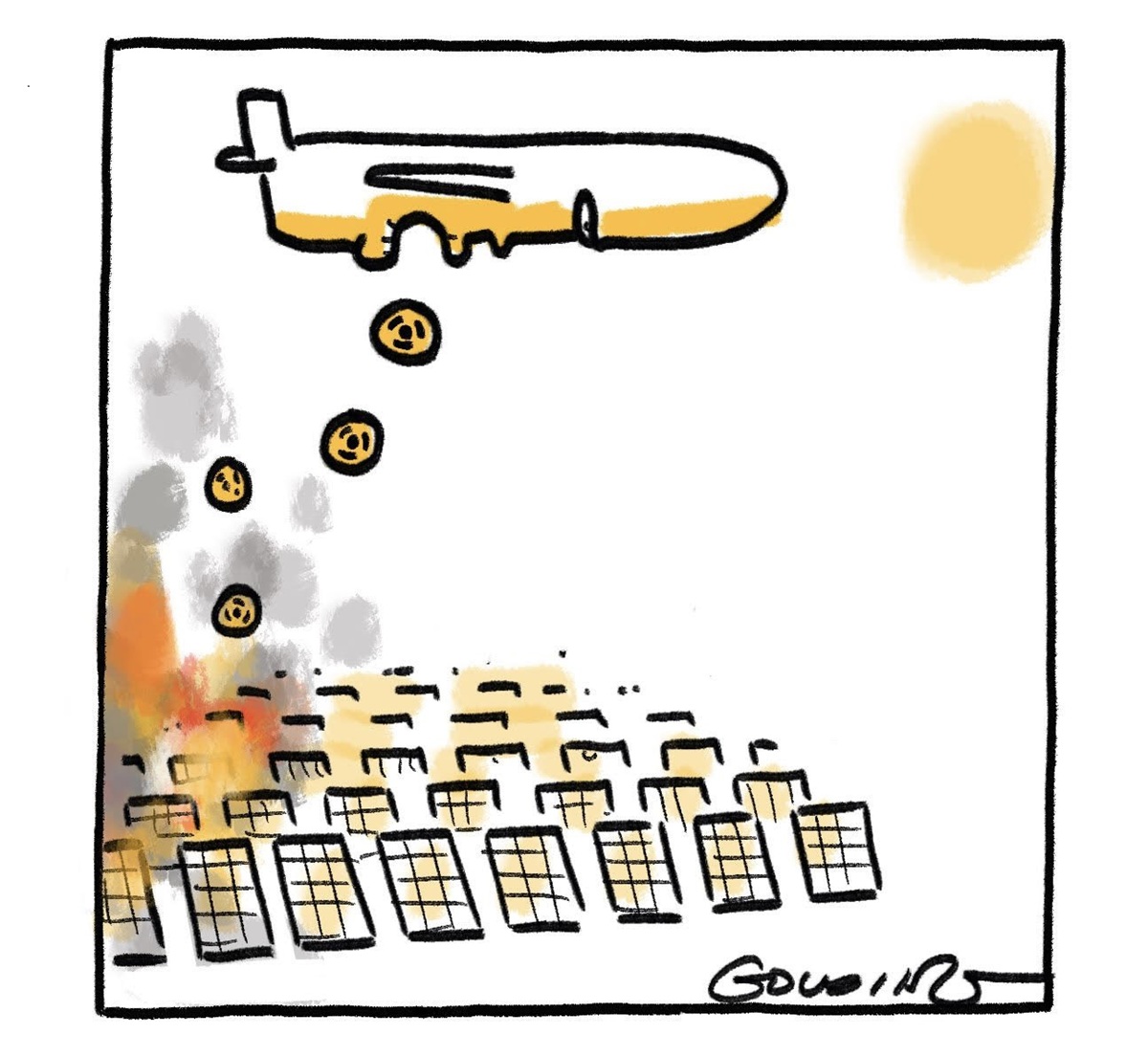 A plane in the shape of Opposition Leader Peter Dutton's head spits exploding nuclear symbols onto a field of solar panels. 