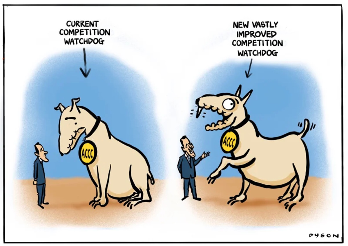 Treasurer Jim Chalmers shows off the new improved competition watchdog, represented by a giant dog with one new tooth. 