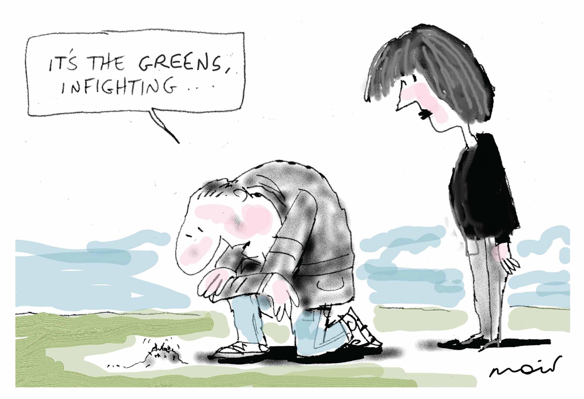 A man looks down at a small ant hill and says, 'It's the Greens, infighting.' 