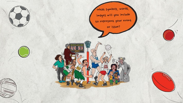 Various coloured sporting balls surround a cartoon of politicians playing netball.