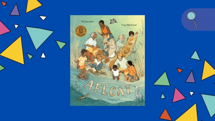 Front cover of picture book Afloat on a blue background with coloured triangles.