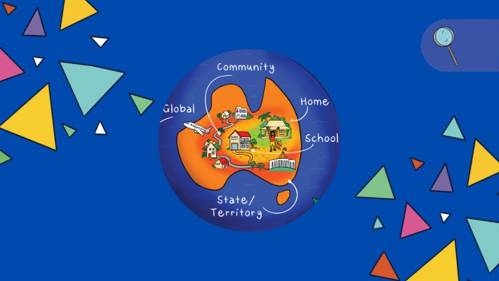 An illustrated graphic of the Earth featuring a map of Australia with words about civic engagement.