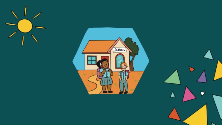 A graphic of a two students outside a school on a green background with a yellow sun.