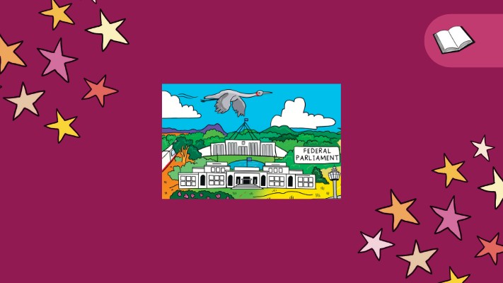An illustration of Old Parliament House and Australian Parliament House on a dark pink background.