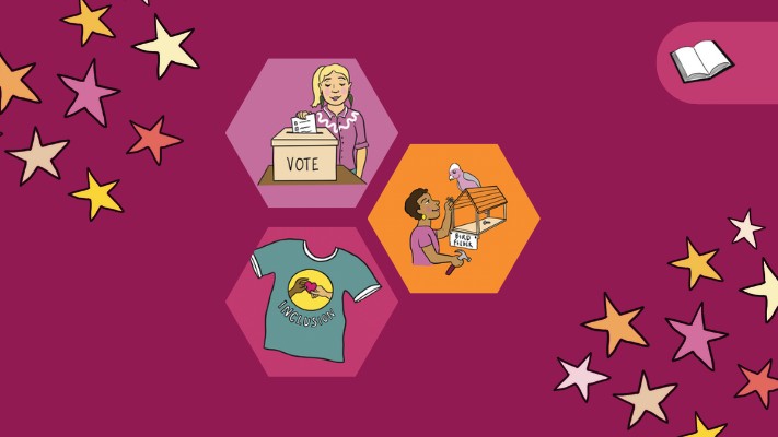 Graphic illustrations of voting and civic engagement activities on a dark pink background with stars.