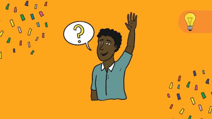 An illustration of a student with their hand raised and a question mark in a speech bubble.
