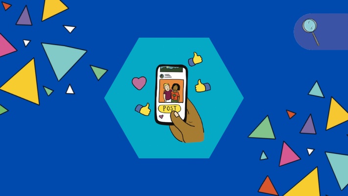 A graphic illustration of a mobile phone on a blue background.