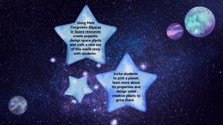 A graphic illustration of stars and plants with activities for students to think about plants in space.