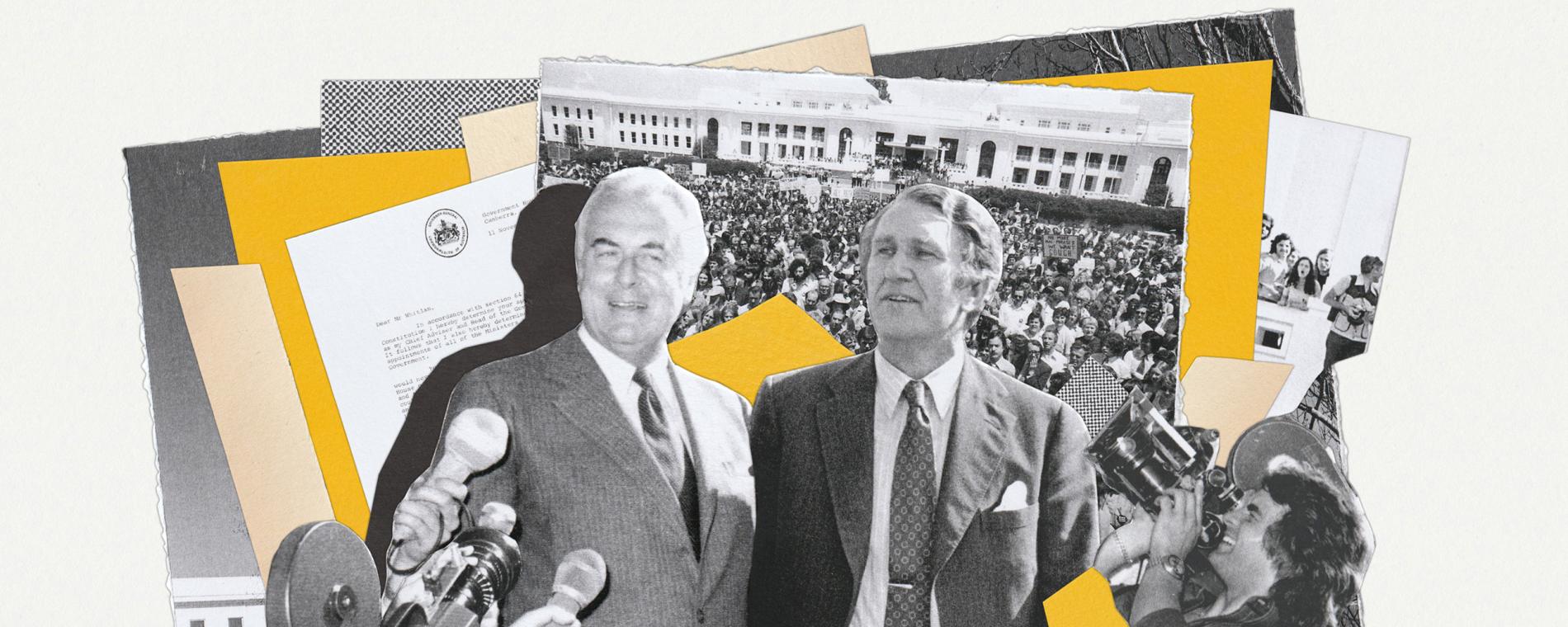 A collage of Gough Whitlam and Malcolm Fraser in front of crowds outside Old Parliament House.