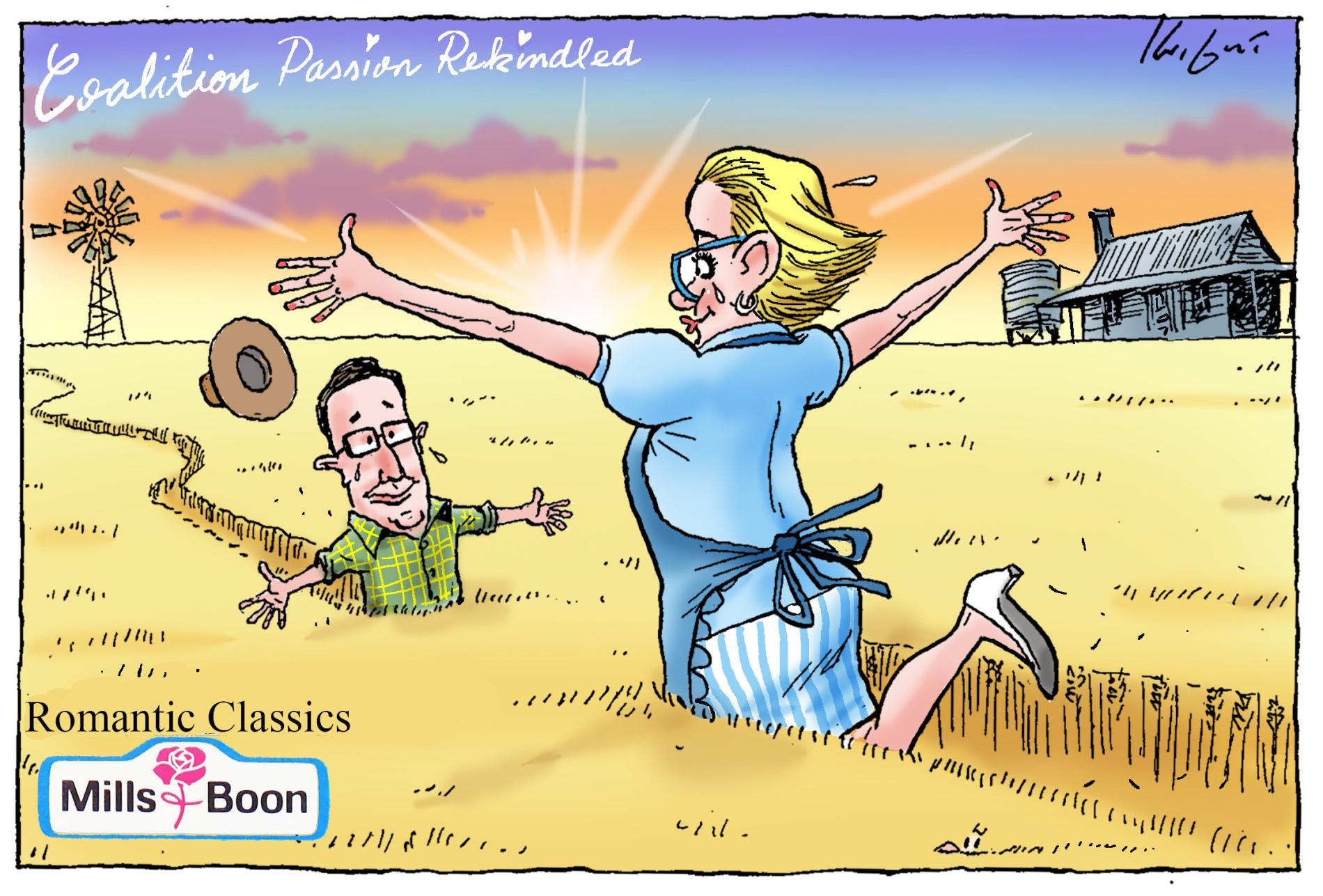 In the style of a Mills and Boon romance novel, the title reads, 'Coalition passion rekindled.' Liberal leader Sussan Ley and Nationals leader David Littleproud run towards each other in a wheat field. 