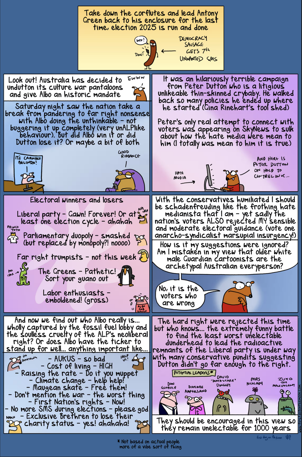 A First Dog on the Moon comic explains the results of the 2025 election through small Australian animals and a democracy sausage. Dutton has lost, Labor enthusiasts have won, and First Dog ponders whether Albanese can stand up for any important issues, like the cost of living. 
