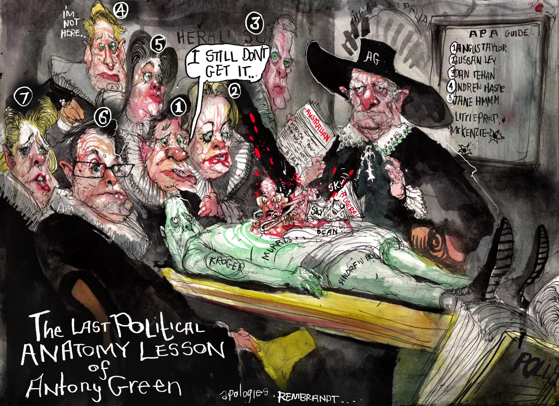 In the style of a Rembrandt painting, text reads, 'The last political anatomy lesson of Antony Green.' On a table, Antony Green dissects a man on the table in front of various politicians. 