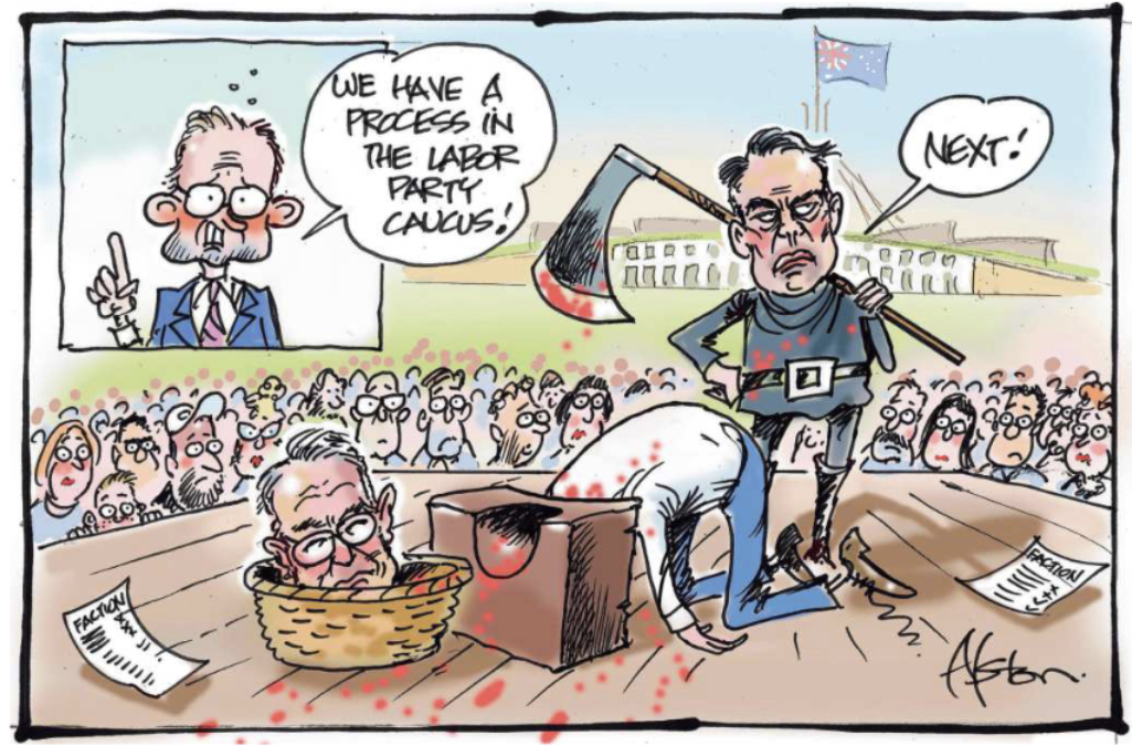 PM Anthony Albanese says, 'We have a process in the Labour Party caucus!' Meanwhile, a person is beheaded outside Parliament House.