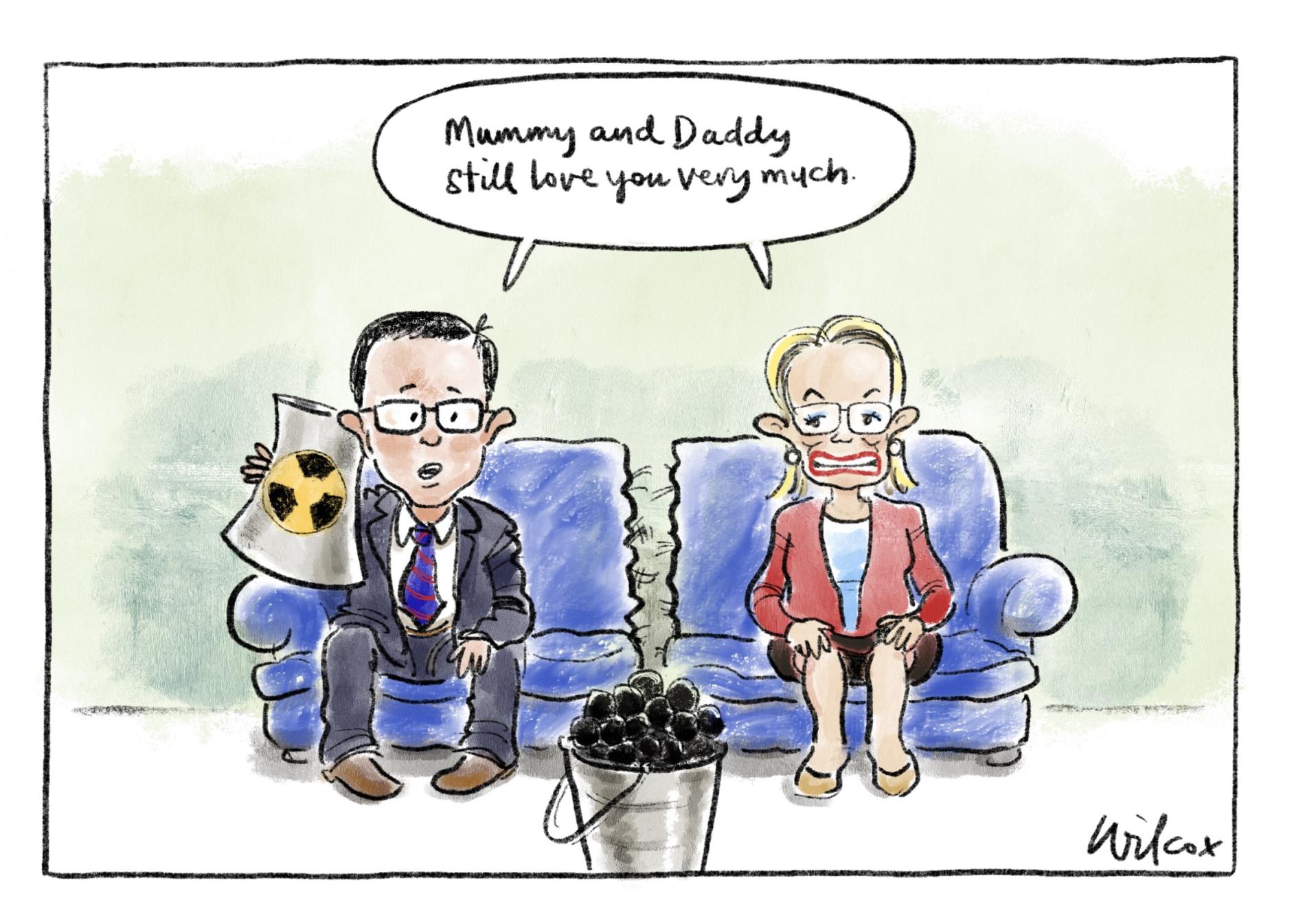 Nationals leader David Littleproud and Liberal leader Sussan Ley sit on a split couch, and say, 'Mummy and Daddy still love you very much,' to a bucket of coal. 