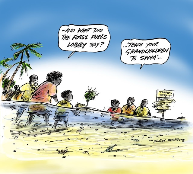 Torres Strait Islander people are waist-deep in water. One person says, 'And what did the fossil fuel lobby say?' Another says, 'Teach your grandchildren to swim.' 