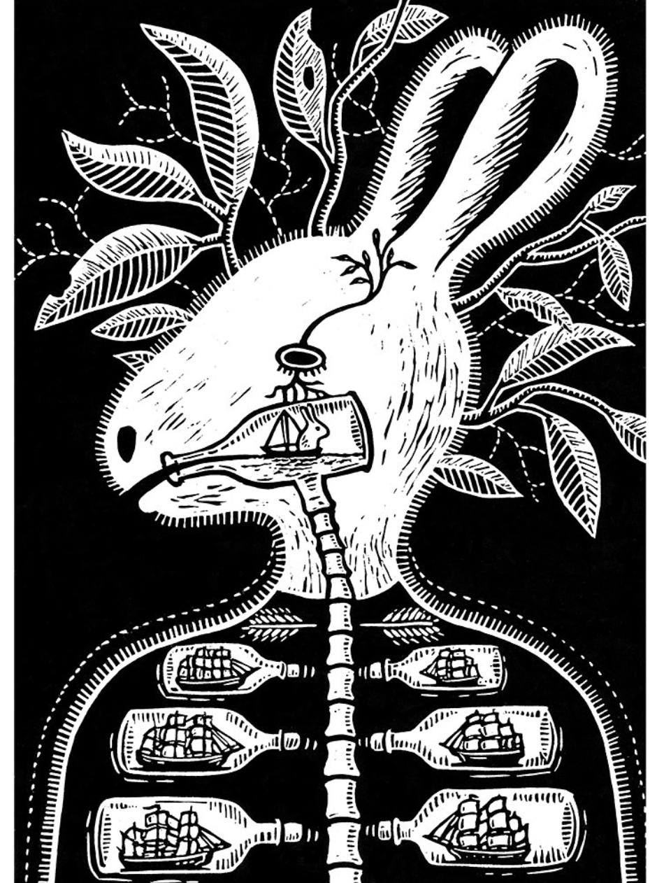 A black and white linocut print shows the shoulders and head of a rabbit, with ships in bottles pointing towards its spine, and one ship in its head, pouring out of its mouth.  